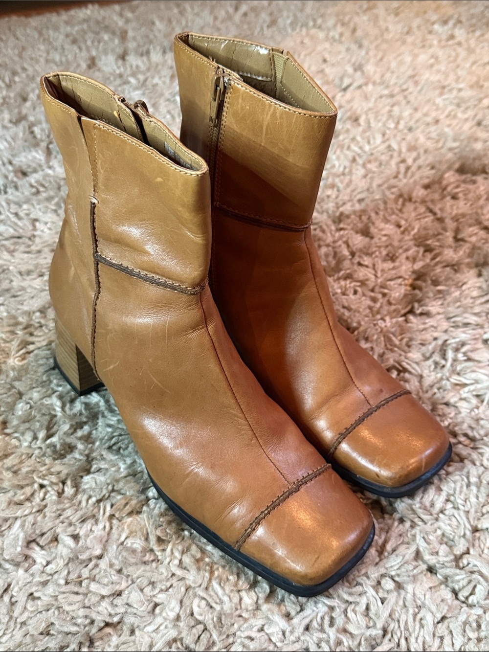 Y2K Transit Tan Leather Block Heel Square Toe Ankle Boots Made in Macau -Size 38